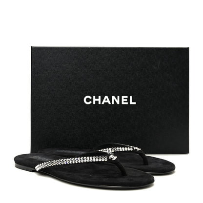 Chanel Suede Kidskin Strass CC Thong Sandals 38.5 Black 8 of 8