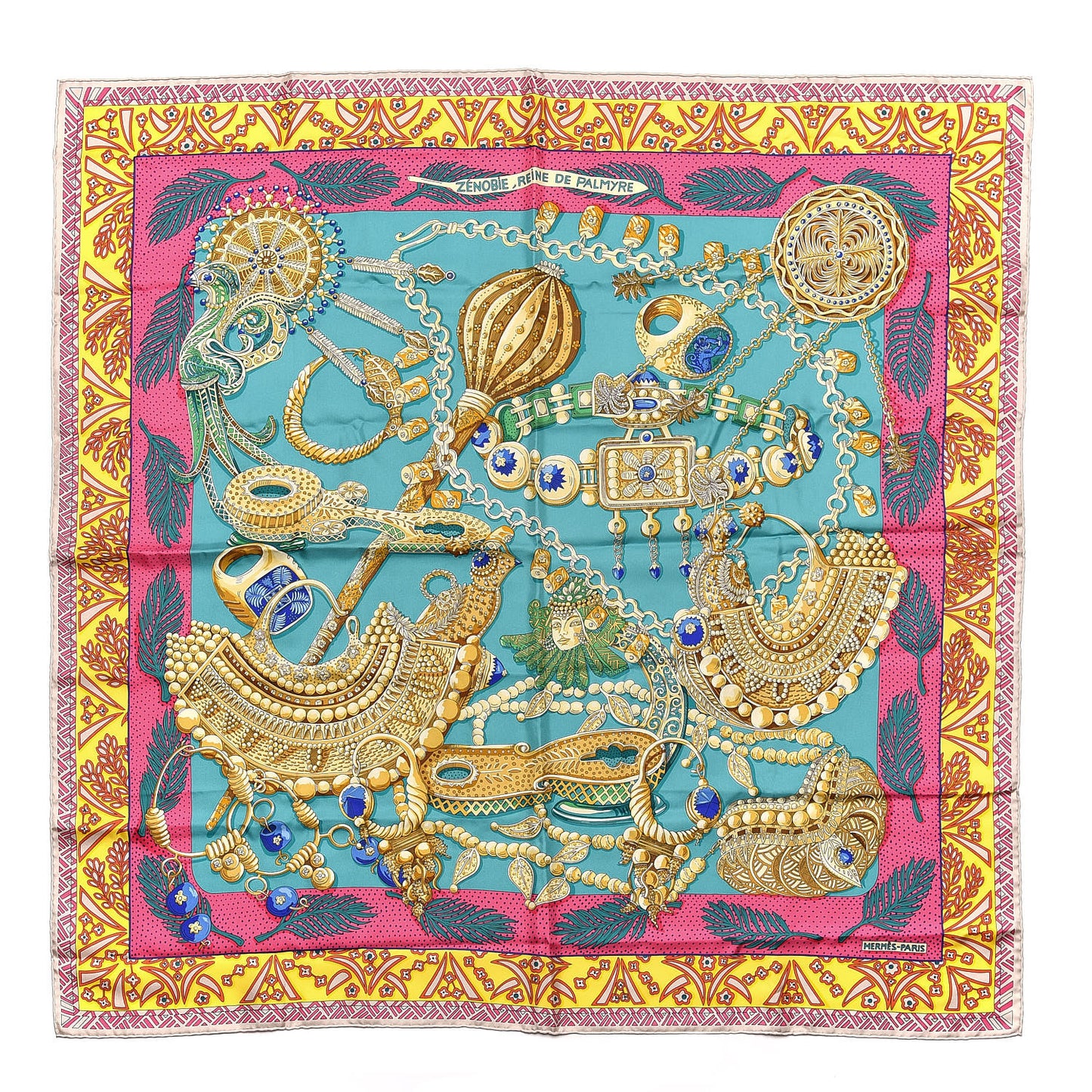 Silk Zenobie Reine De Palmyre Scarf 90 Vert d'Eau Rose Jaune Vif