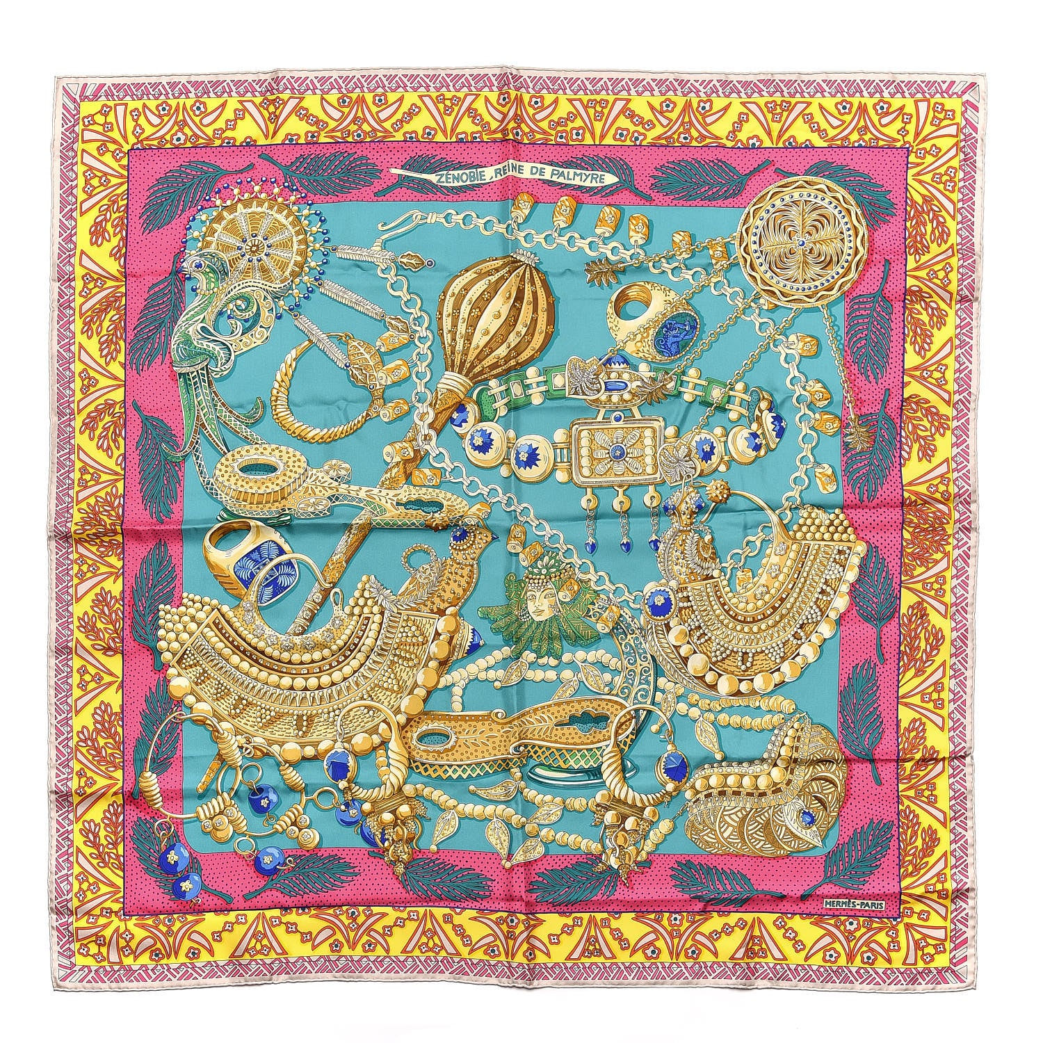 Hermes Silk Zenobie Reine De Palmyre Scarf 90 Vert d'Eau Rose Jaune Vif 1 of 4