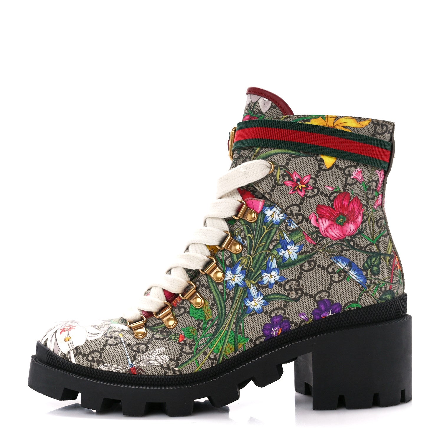 Gucci GG Supreme Monogram Flora Lace Up Combat Ankle Boots 39 Beige Multicolor Red 1 of 10