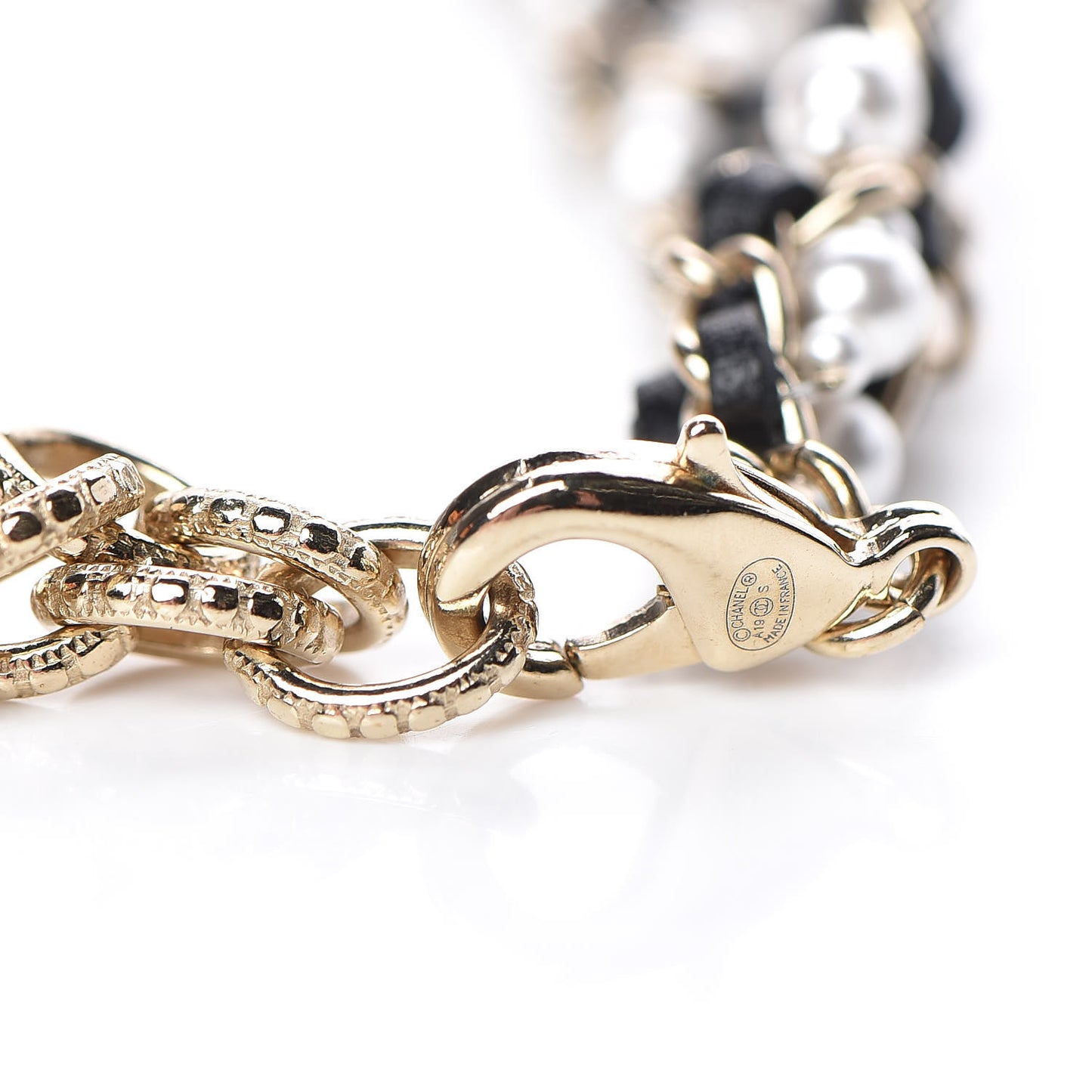 Pearl Lambskin CC Chain Twist Choker Necklace Black Gold