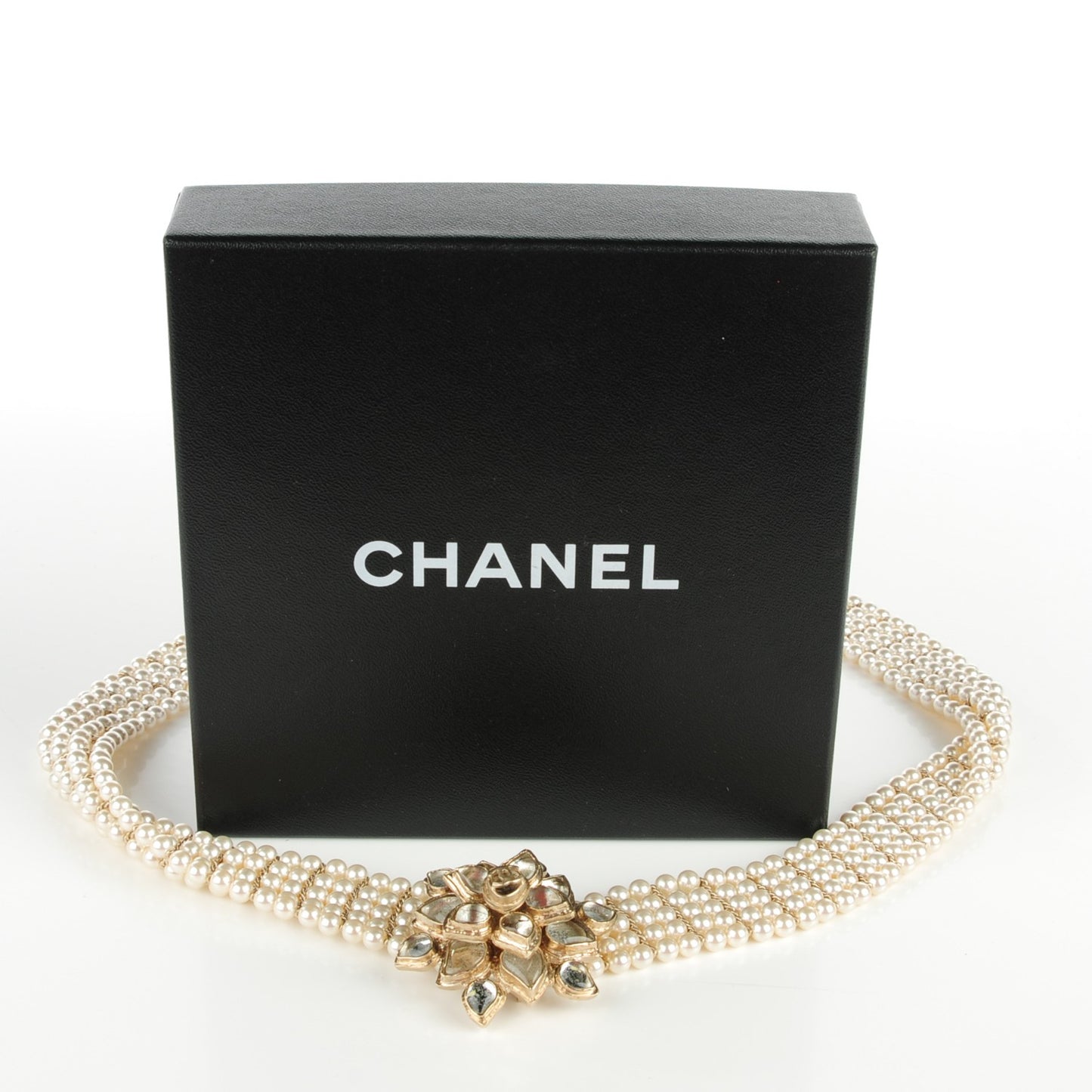Pearl Crystal Camellia CC Multi Strand Belt 85 Gold