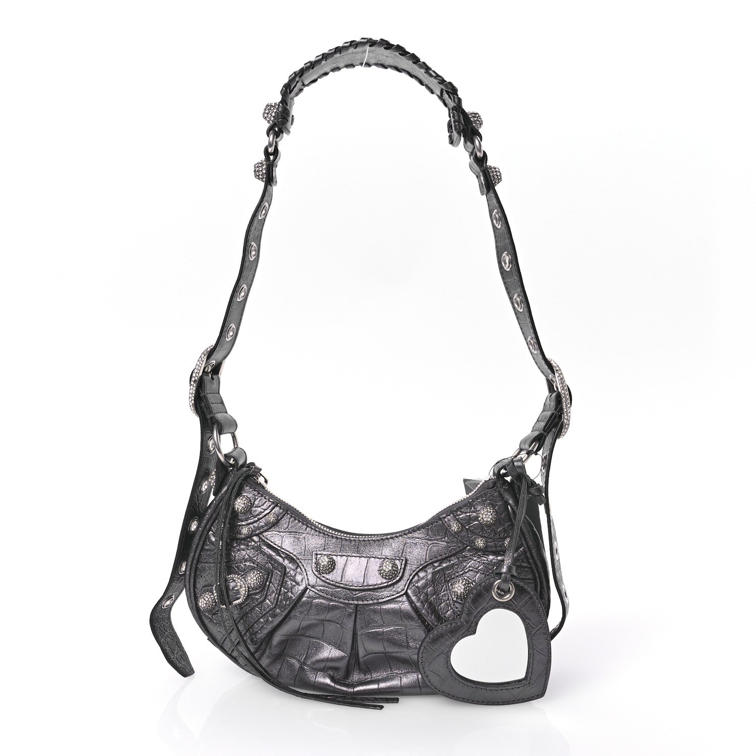 Balenciaga Extra Supple Calfskin Crystal Crocodile Embossed Le Cagole Shoulder Bag XS Gunmetal 3 of 11