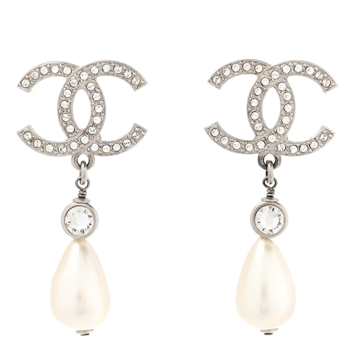 Pearl Crystal CC Drop Earrings Silver Pearly White