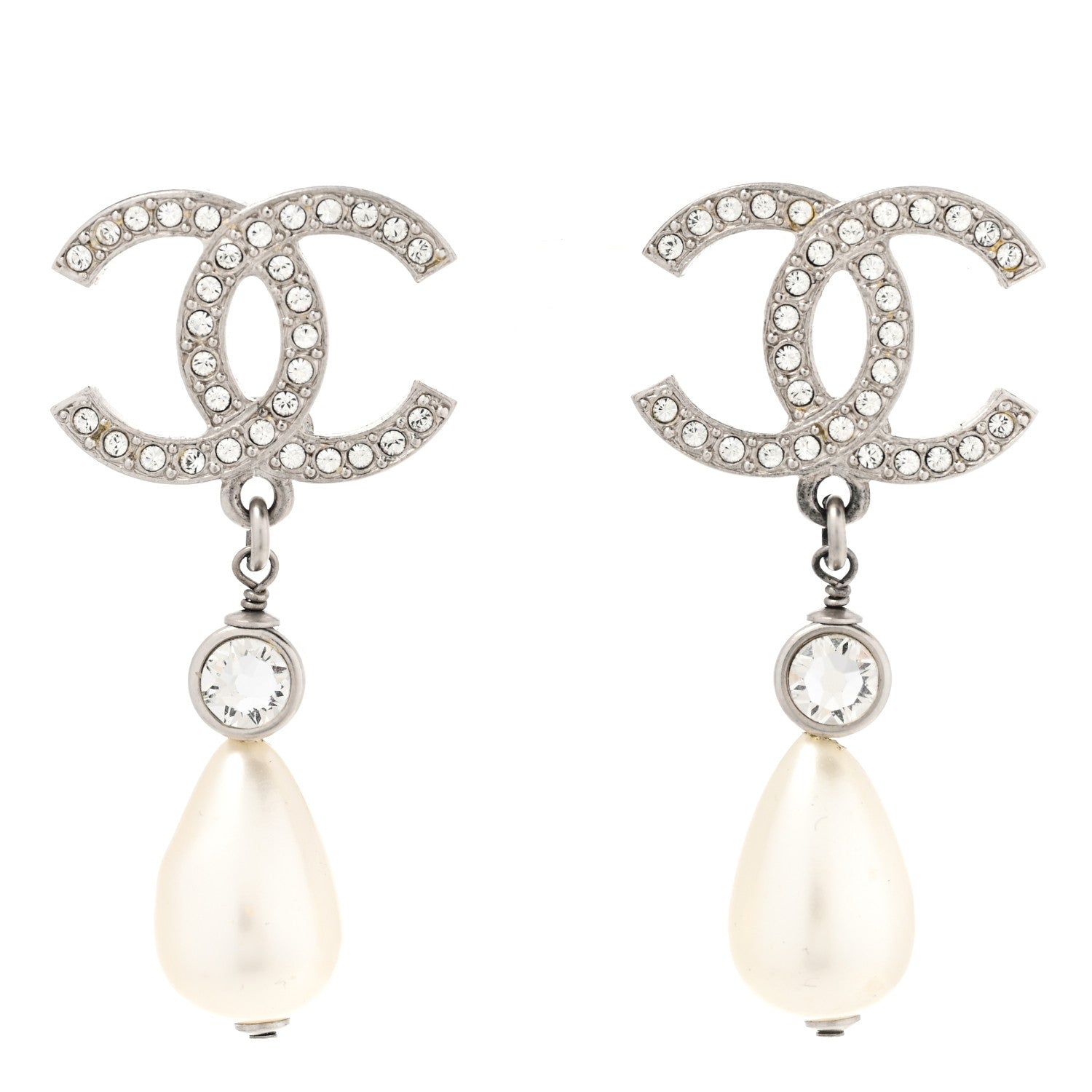 Chanel Pearl Crystal CC Drop Earrings Silver Pearly White 1 of 4