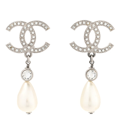 Chanel Pearl Crystal CC Drop Earrings Silver Pearly White 1 of 4