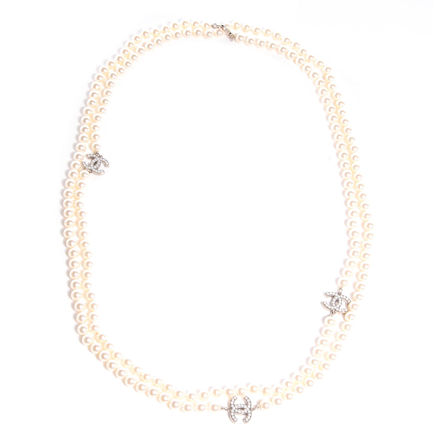 Pearl CC Long Necklace Silver