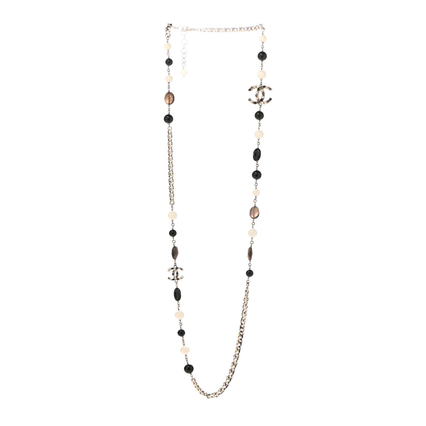 Pearl Crystal Bead CC Long Necklace Black Brown White