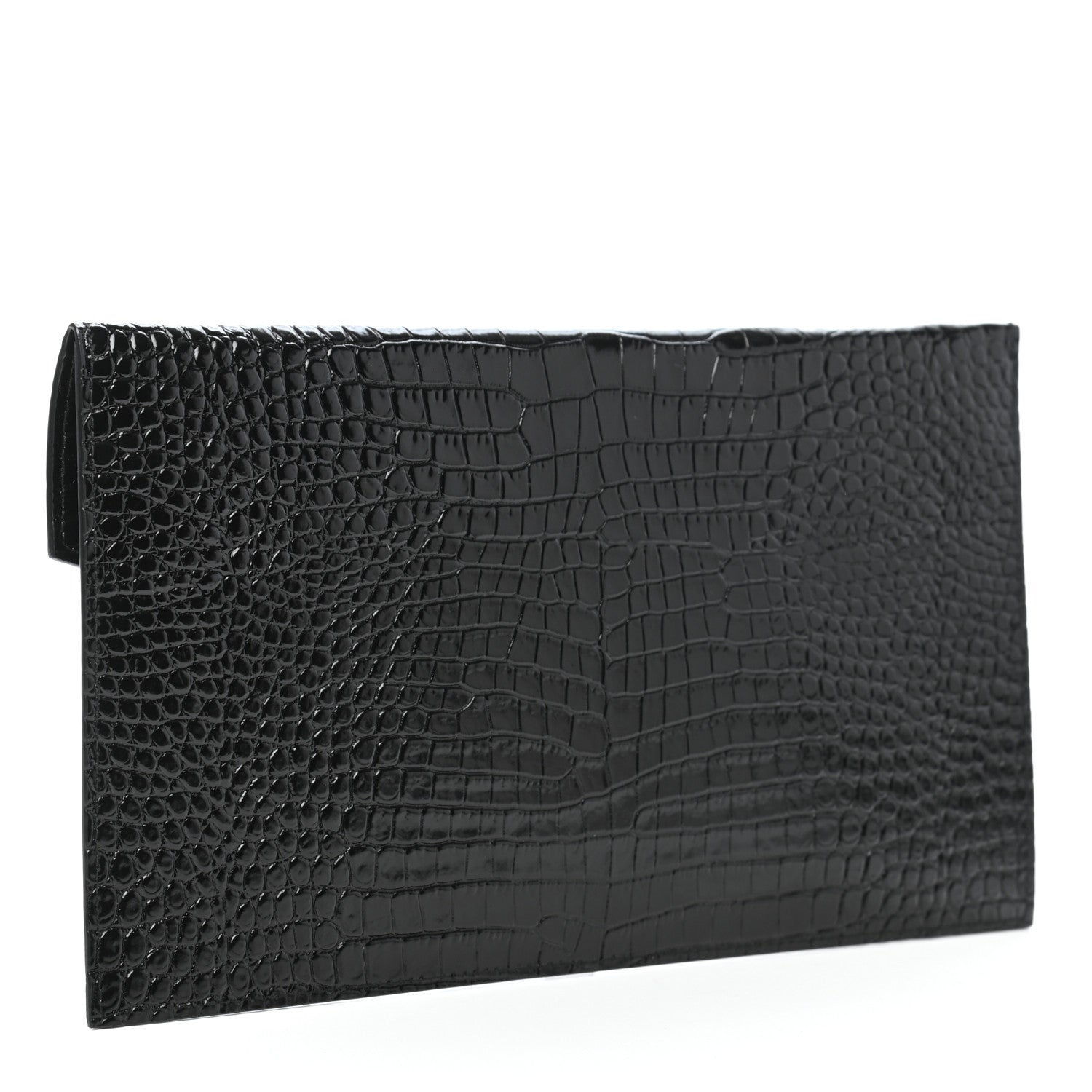 Saint Laurent Calfskin Crocodile Embossed Uptown Monogram Clutch Black 3 of 7