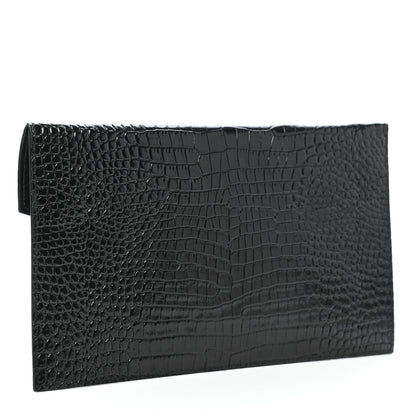 Saint Laurent Calfskin Crocodile Embossed Uptown Monogram Clutch Black 3 of 7