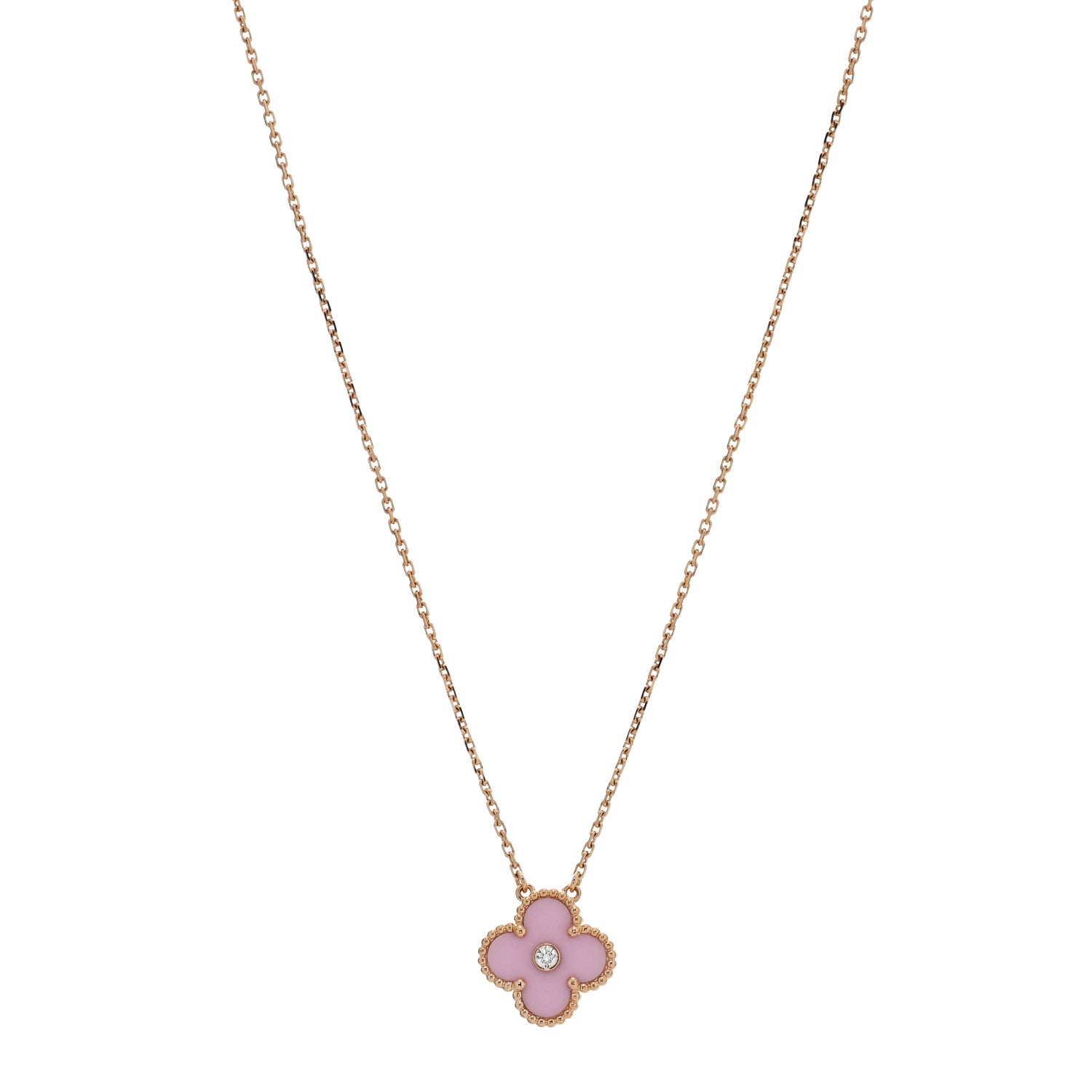 Van Cleef & Arpels 18K Rose Gold Diamond Pink Porcelain Vintage Alhambra Pendant Necklace 1 of 5