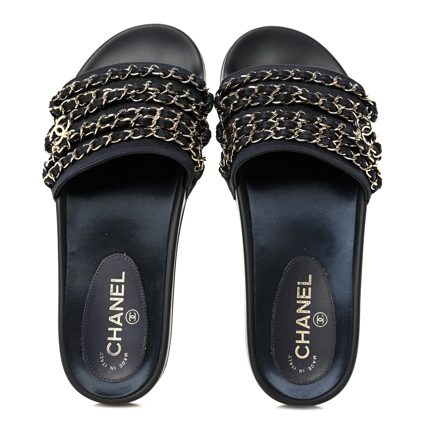 Chanel Satin Canvas Chain Slides Sandals Flats 39 Marine 2 of 10