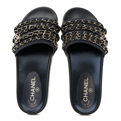 Chanel Satin Canvas Chain Slides Sandals Flats 39 Marine 2 of 10