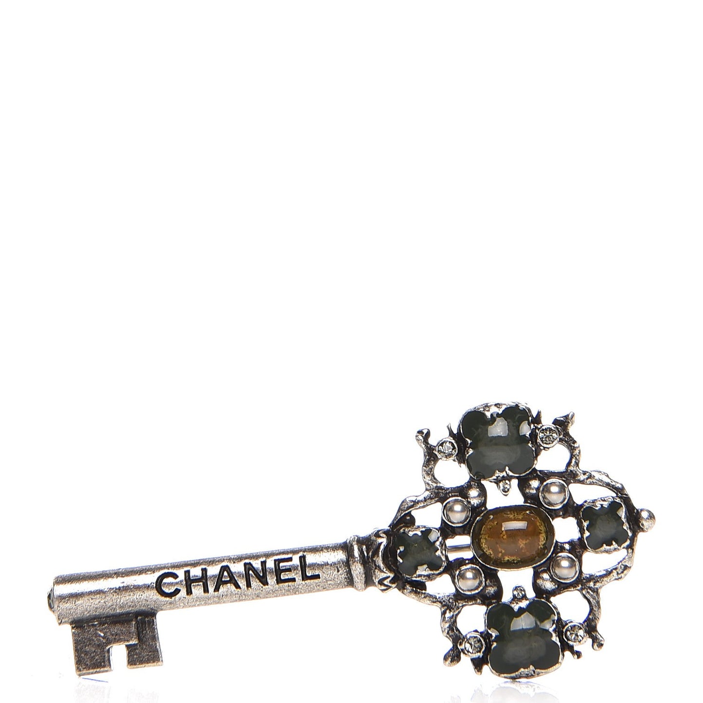 Gripoix Poured Glass Crystal Key Brooch Grey Green