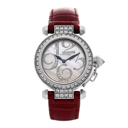 Cartier 18K White Gold Alligator Diamond Bezel Mother of Pearl 32mm Pasha C Quartz Watch 1 of 5
