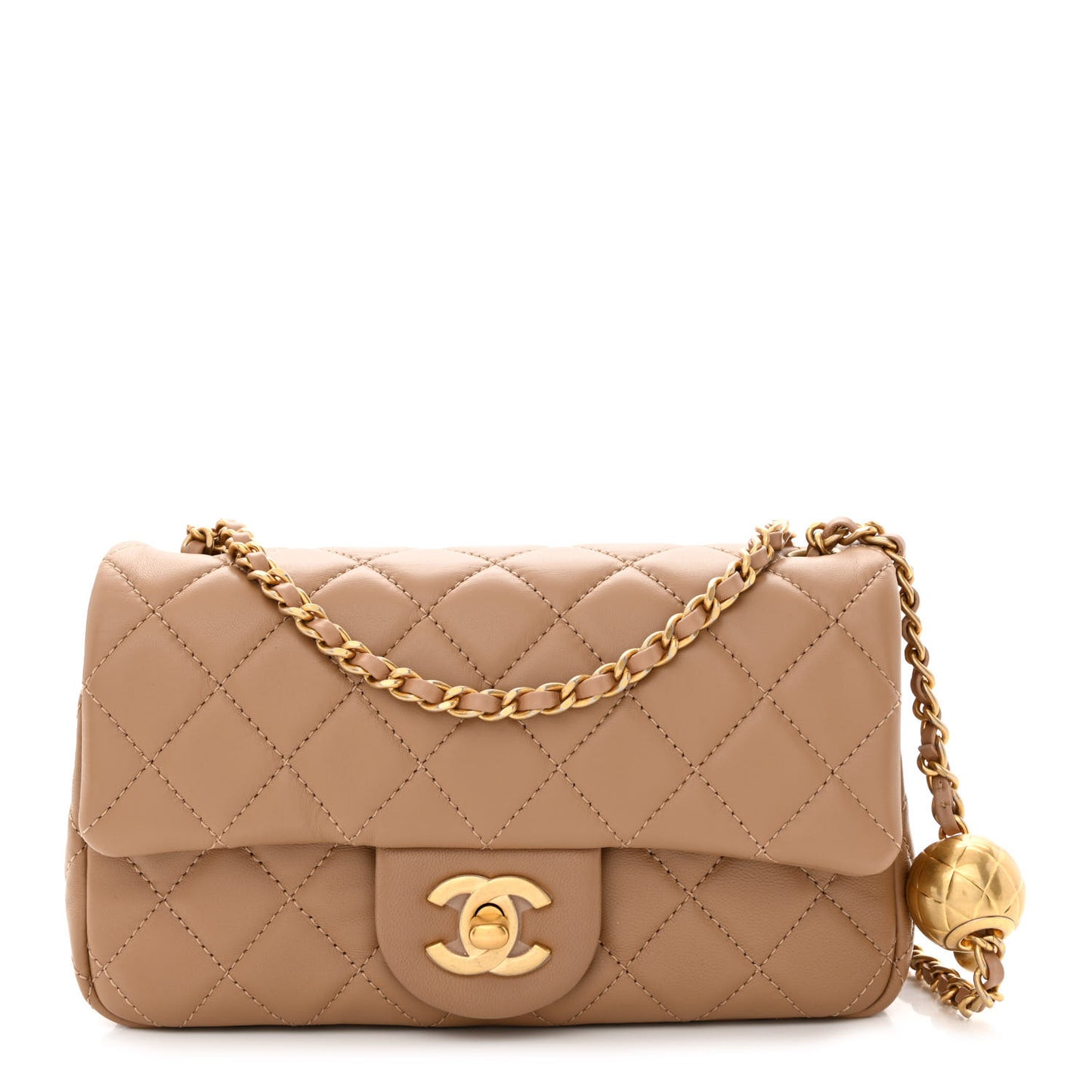 Lambskin Quilted Mini Rectangular Pearl Crush Flap Dark Beige