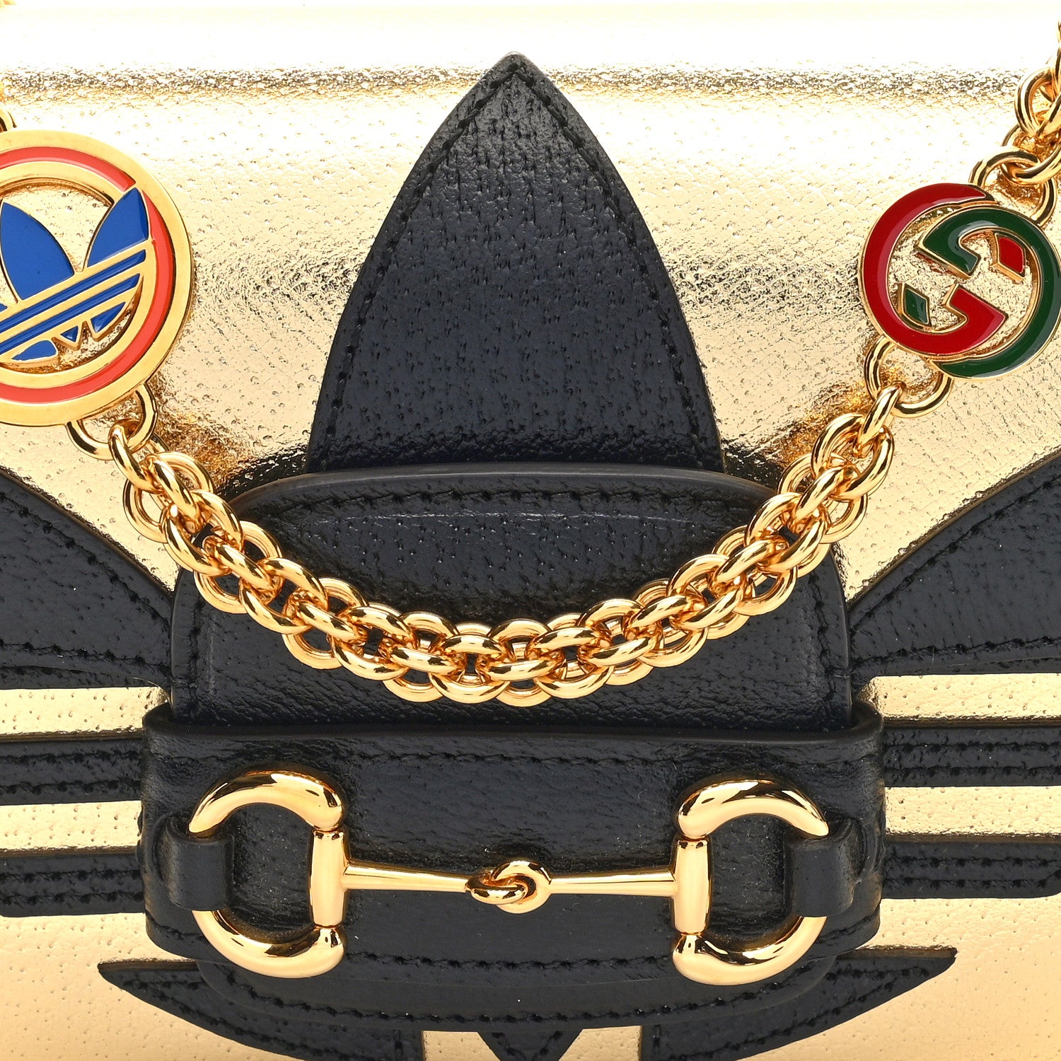 Gucci X ADIDAS Textured Dollar Calfskin Web Trefoil Horsebit 1955 Shoulder Bag King Gold Black 8 of 10