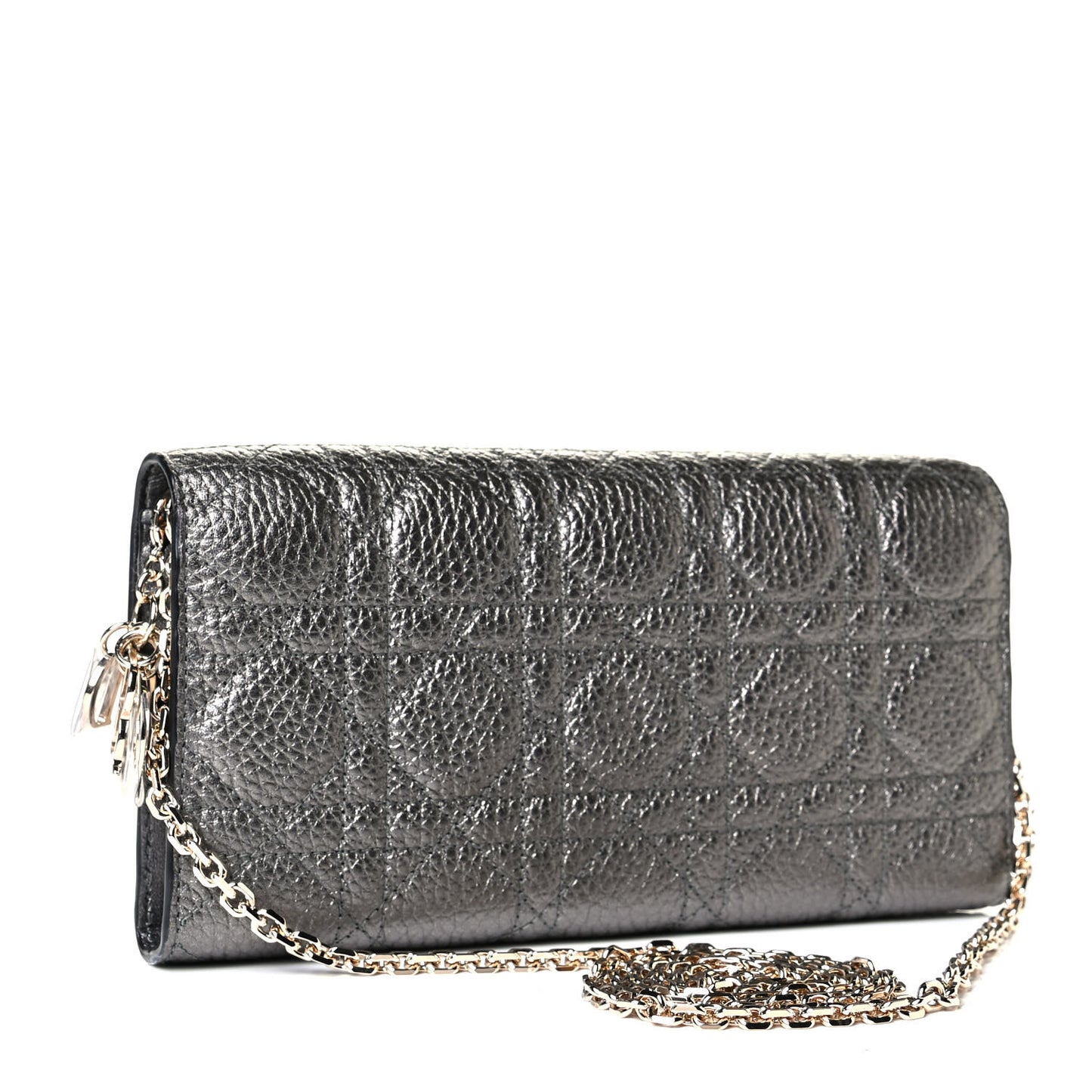 Metallic Grained Calfskin Cannage Lady Dior Rendezvous Wallet On Chain Gunmetal Grey