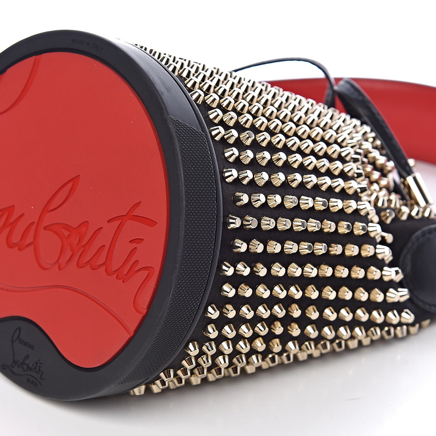 Silk Satin Calfskin Marie Jane Loubirun Studded Bucket Black Gold Platine