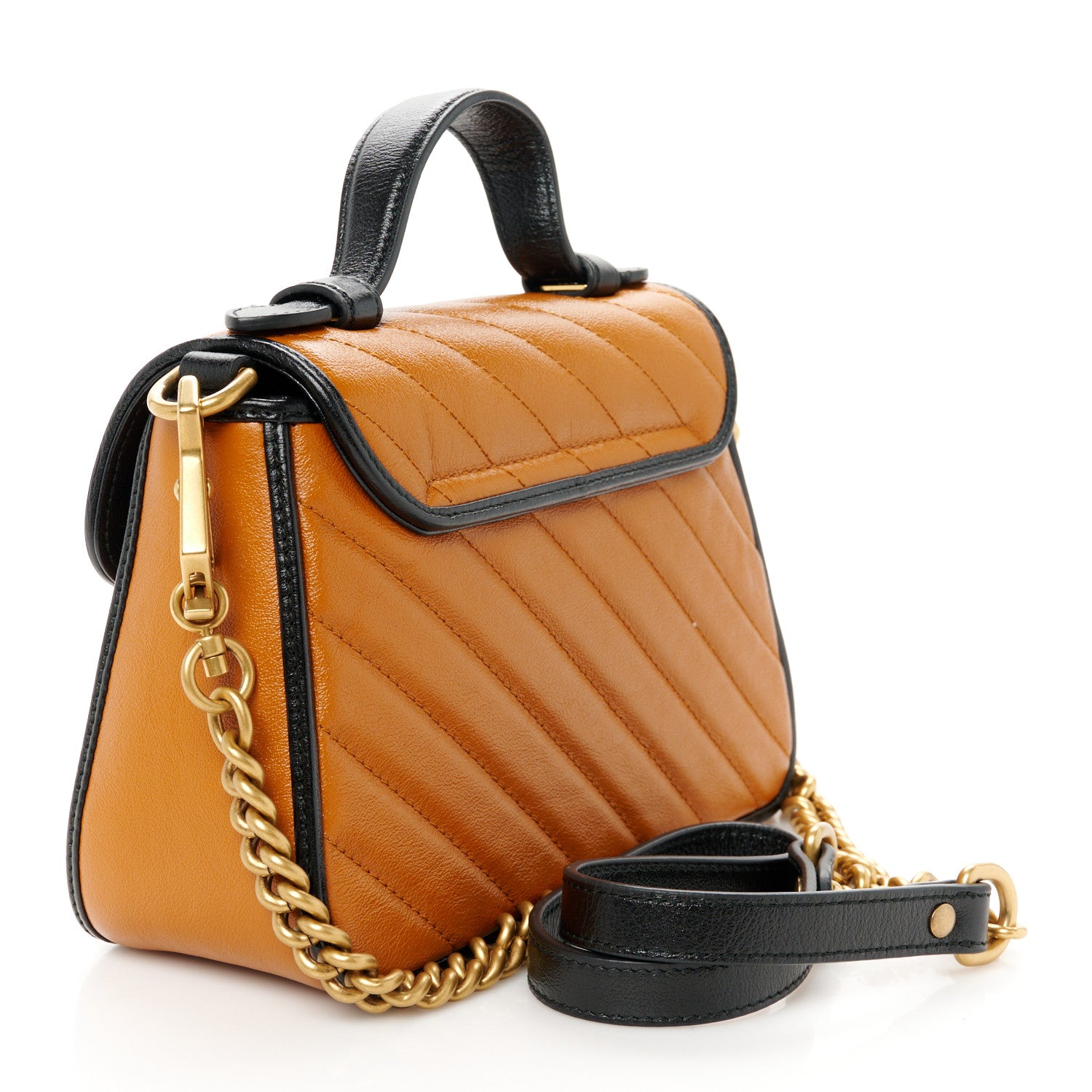 Gucci Azalea Calfskin Matelasse Diagonal Mini GG Marmont Top Handle Shoulder Bag Cognac Black 3 of 11