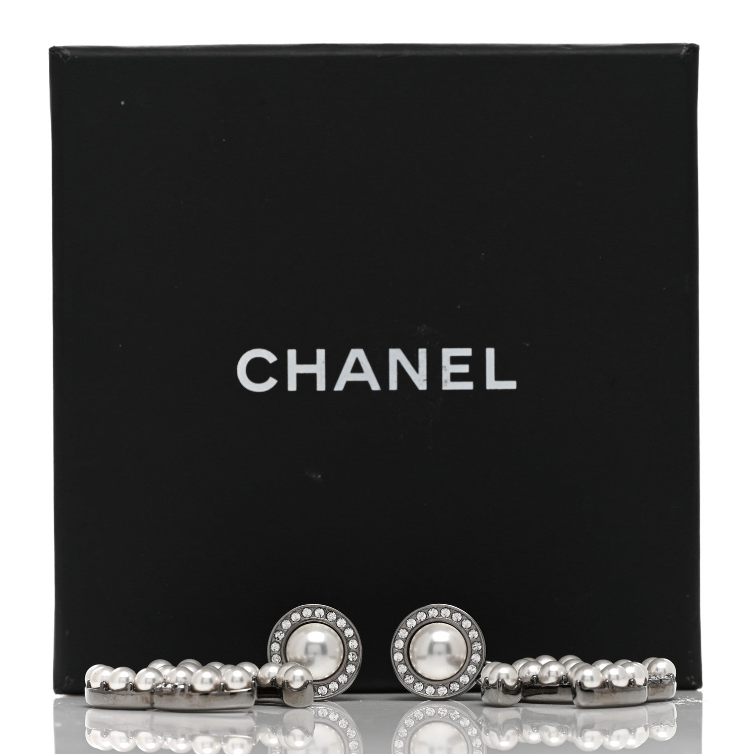 Chanel Pearl Crystal CC Drop Earrings Silver 5 of 5