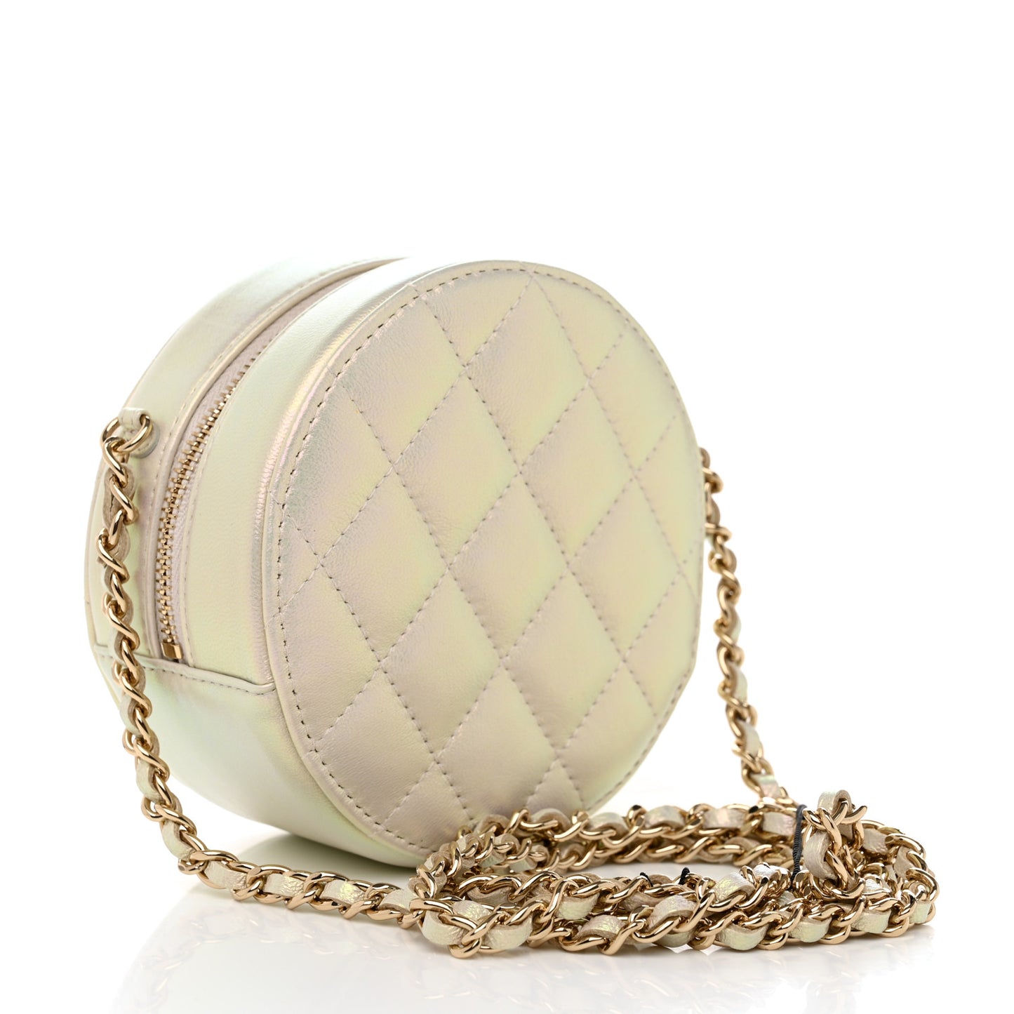 Iridescent Lambskin Quilted Round Clutch With Chain Ivory