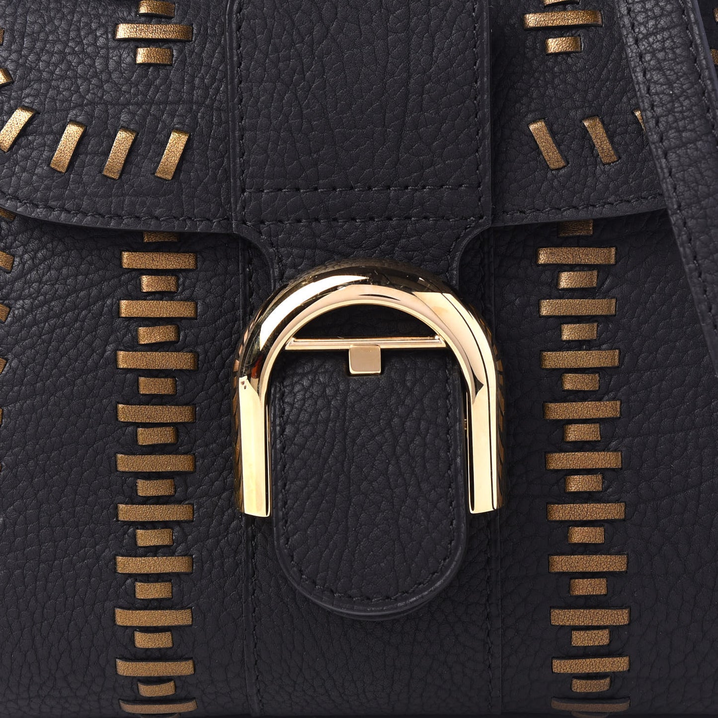 Crispy Calfskin Tribal Stitch Mini Brillant Satchel Black Bronze