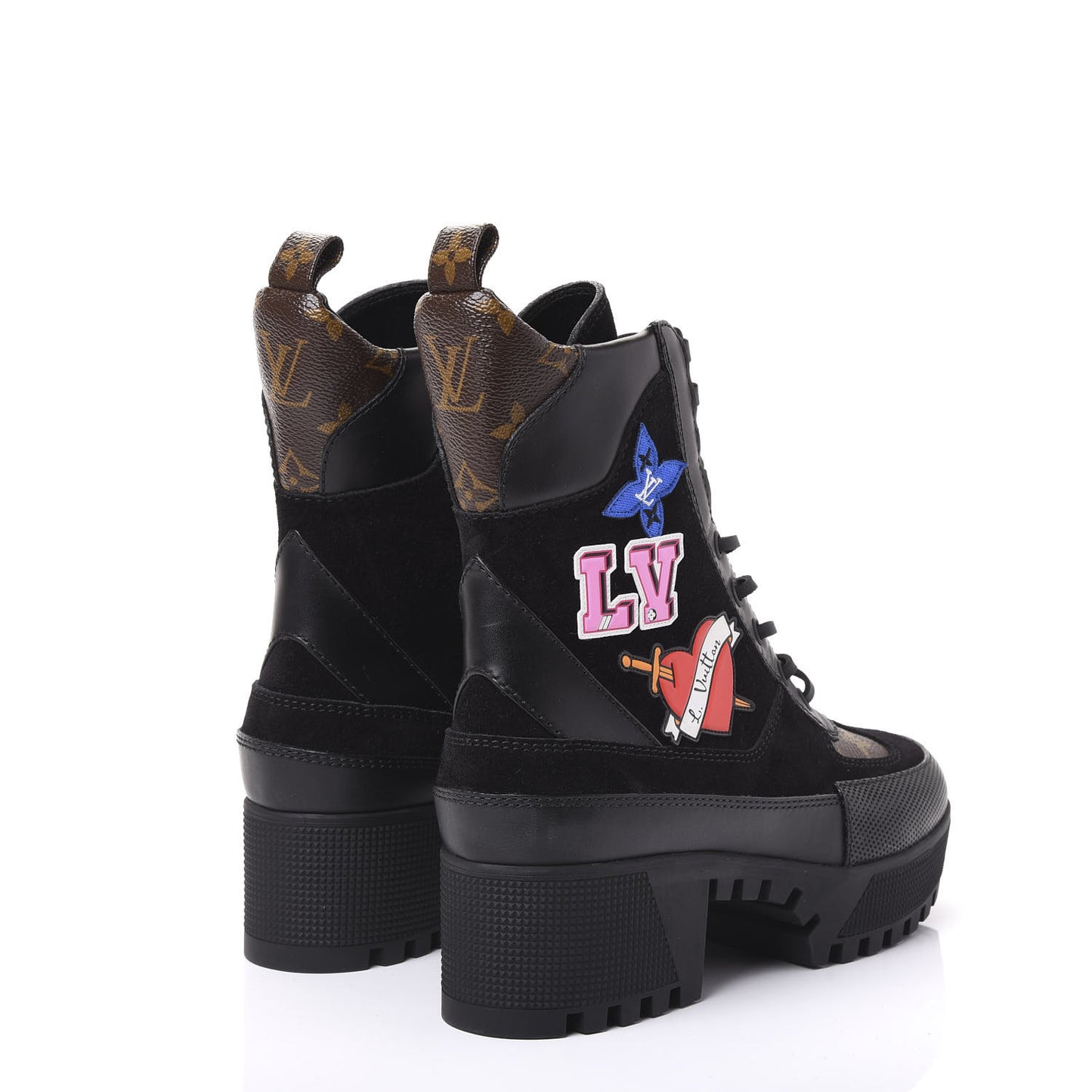 Suede Calfskin Monogram LV Black Heart Laureate Platform Desert Boots 37 Black