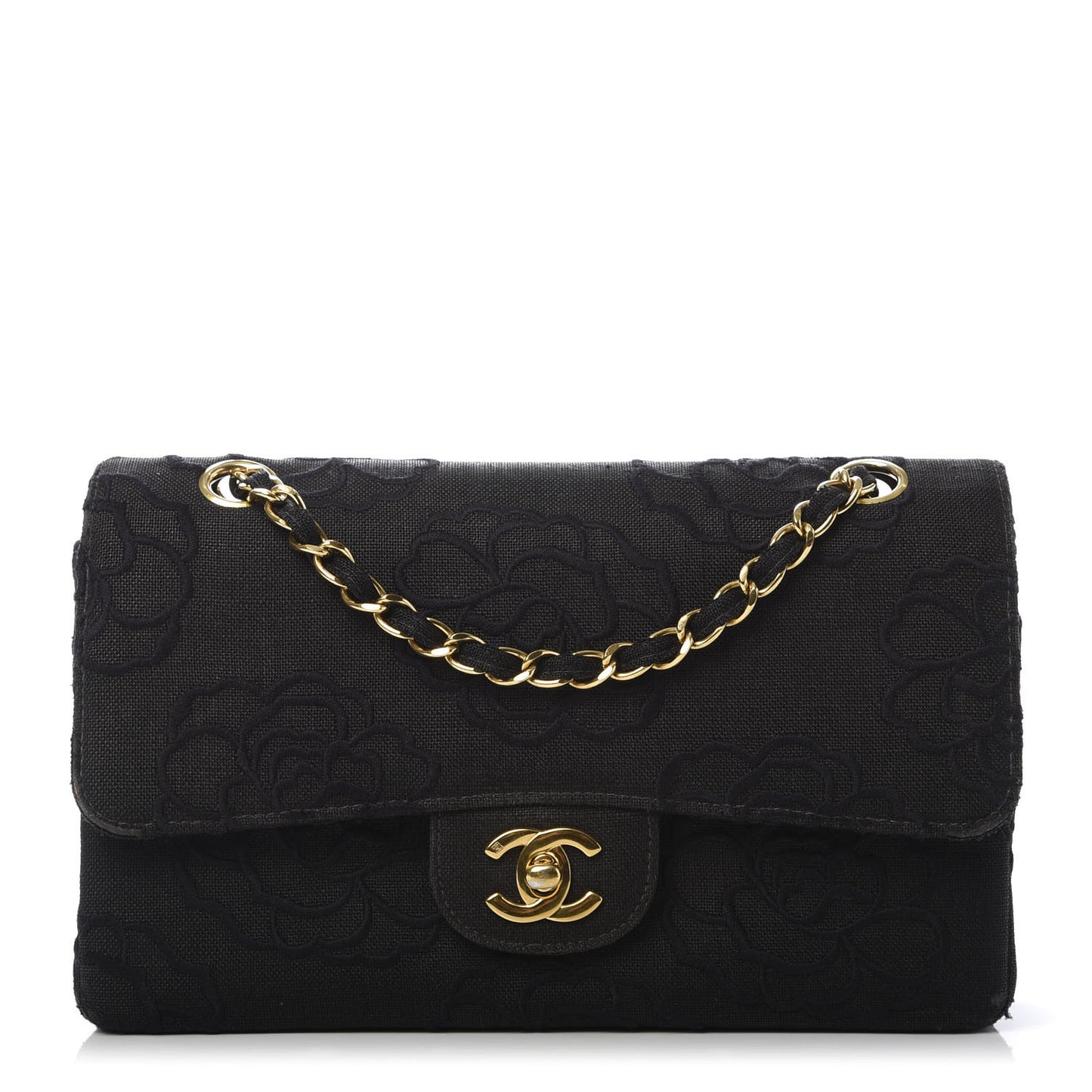Canvas Camellia Embroidered Medium Double Flap Black