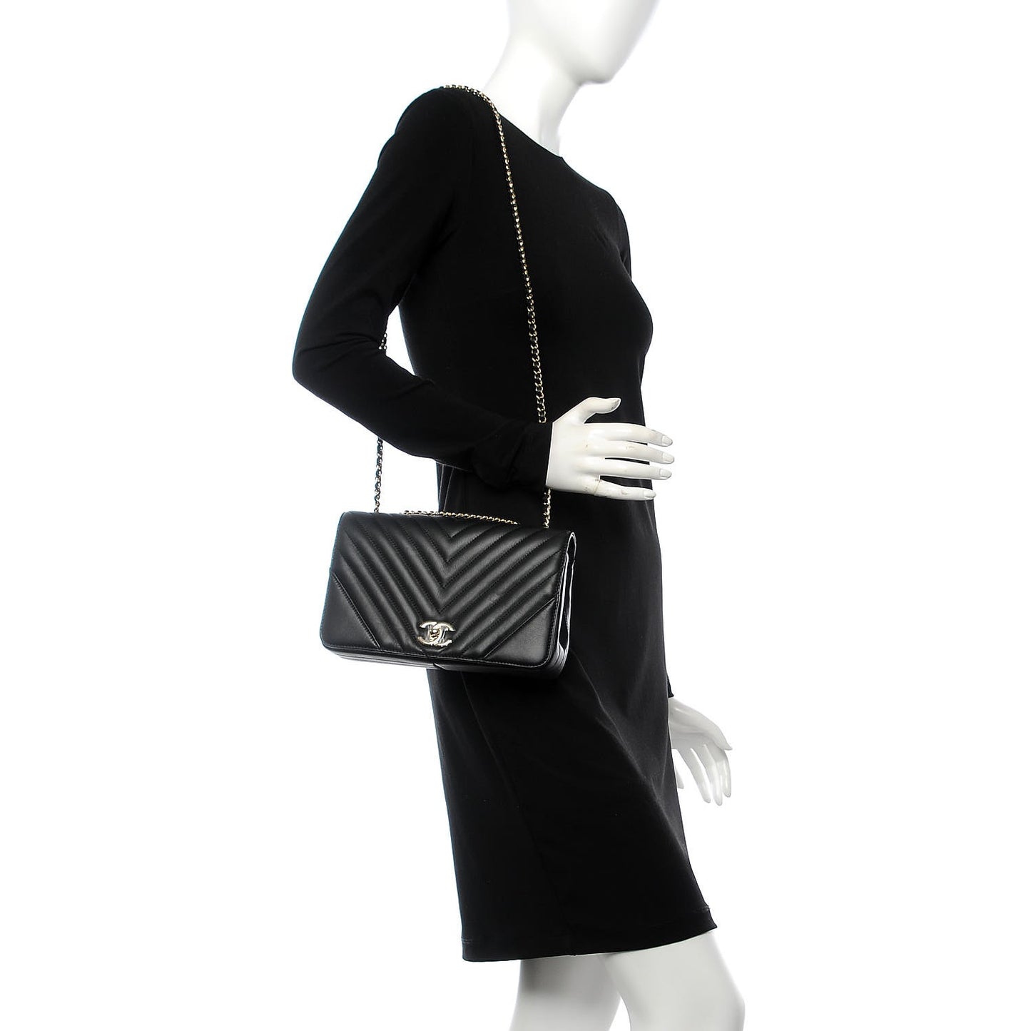 Calfskin Chevron Quilted Statement Flap Black