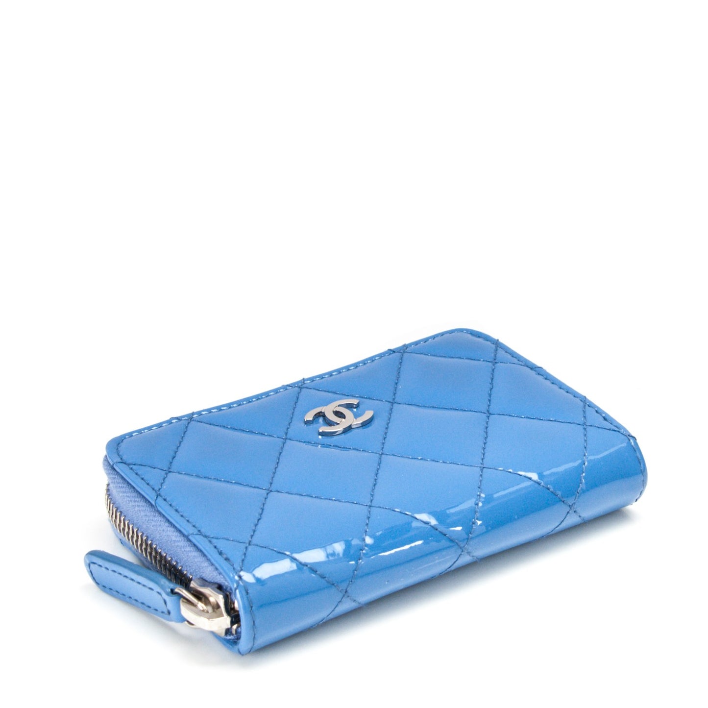 Patent Calfskin Quilted Zip Coin Purse Blue