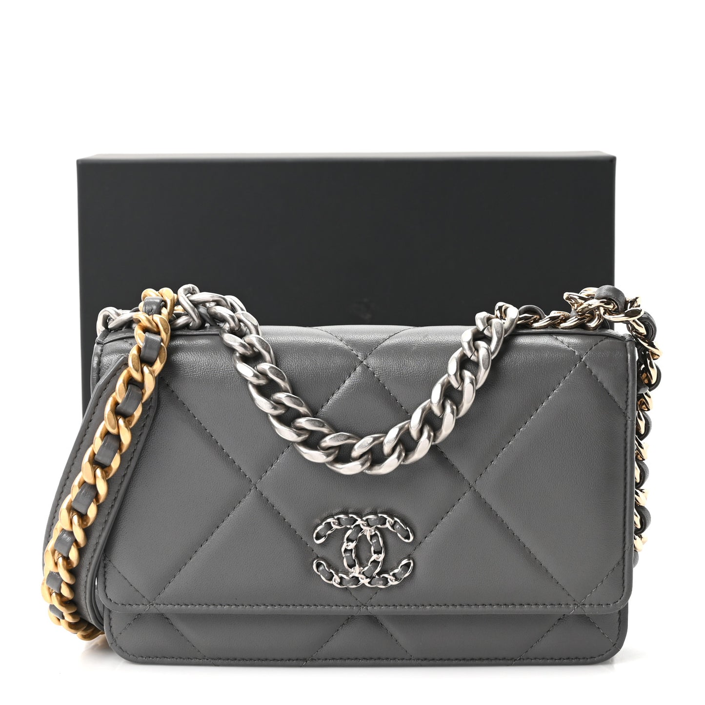 Lambskin Quilted Chanel 19 Wallet On Chain WOC Grey