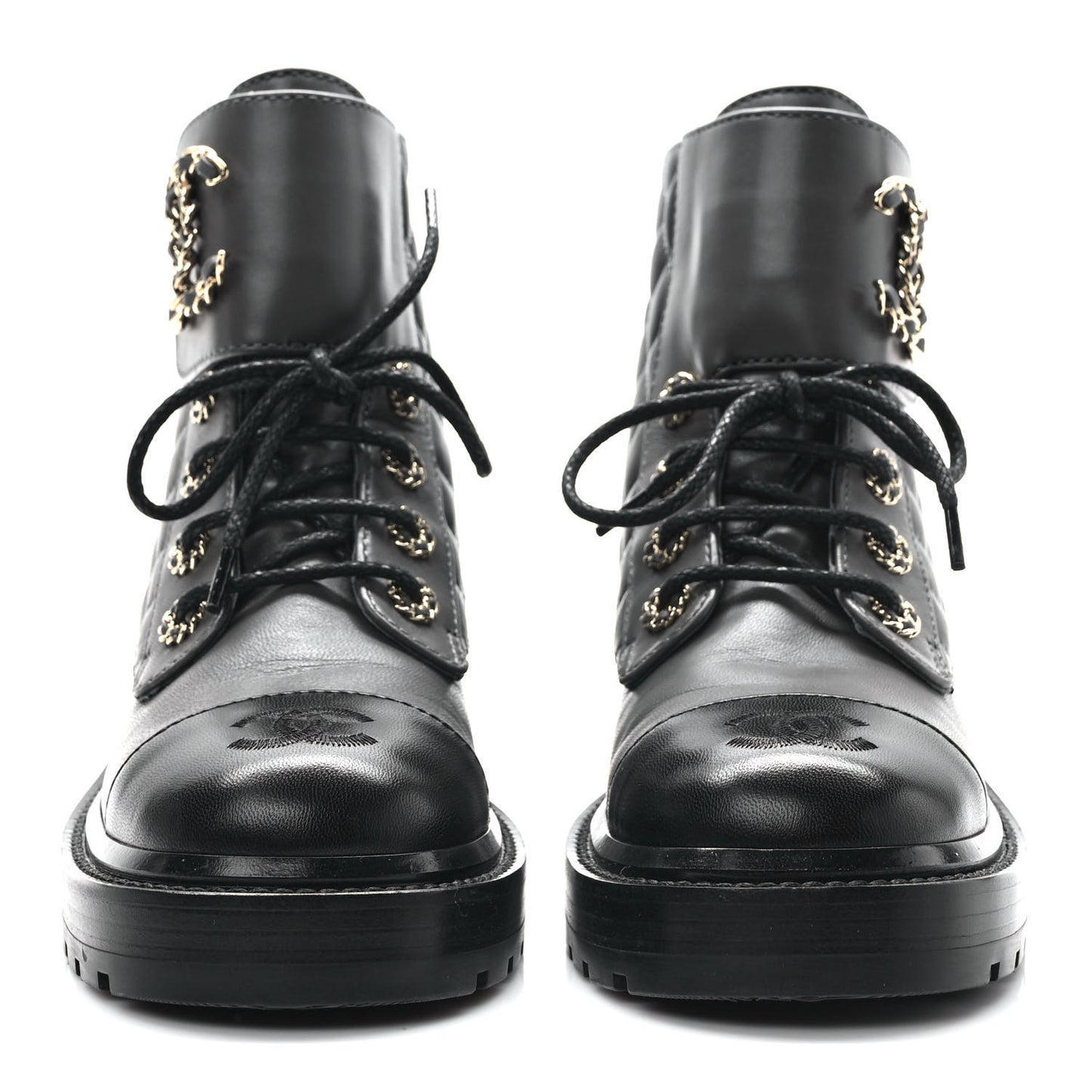 Shiny Lambskin Quilted Lace Up Combat Boots 36 Grey Black
