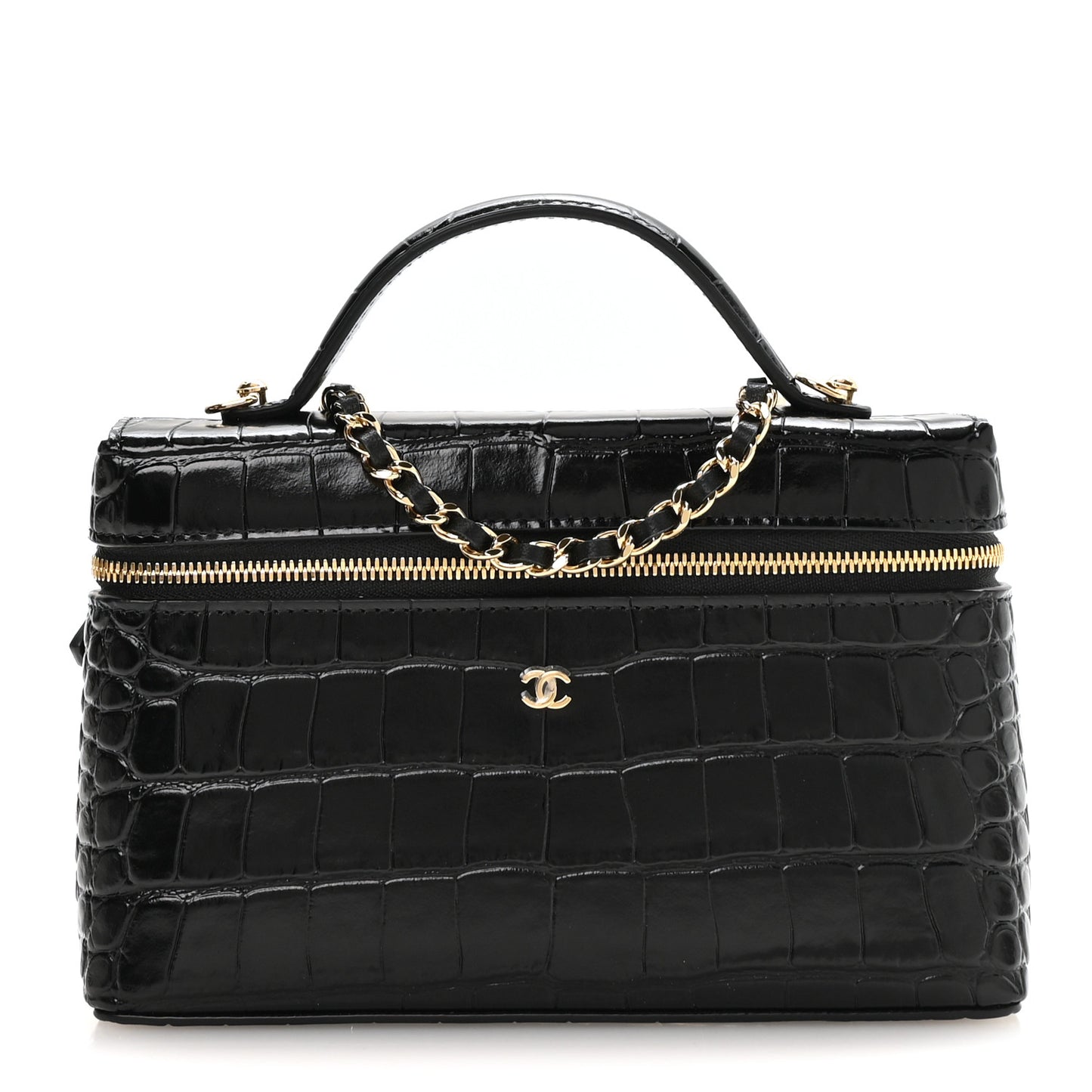 Calfskin Crocodile Embossed Crococo Top Handle Slim Vanity Case With Chain Black