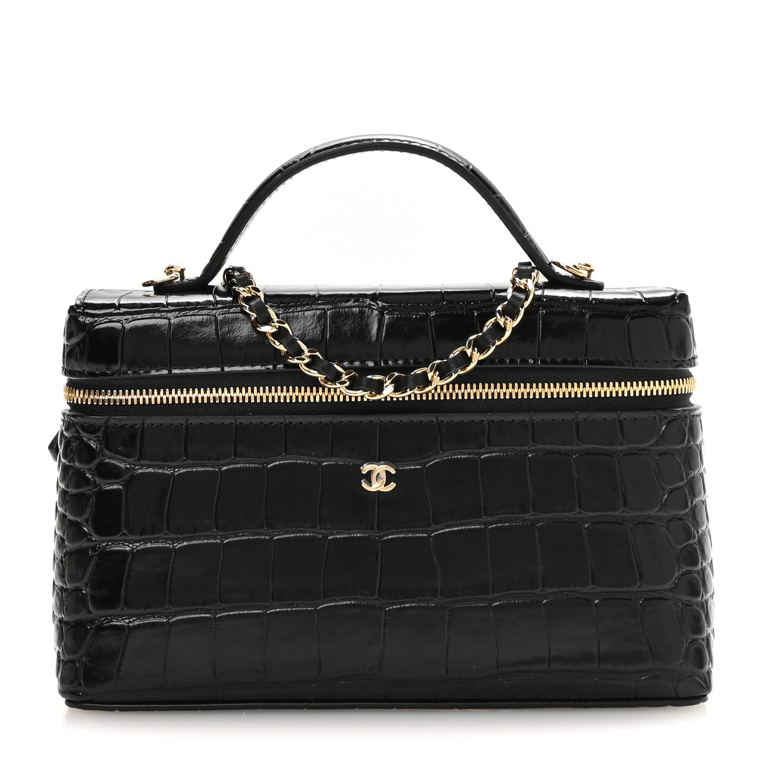 Chanel Calfskin Crocodile Embossed Crococo Top Handle Slim Vanity Case With Chain Black 1 of 11