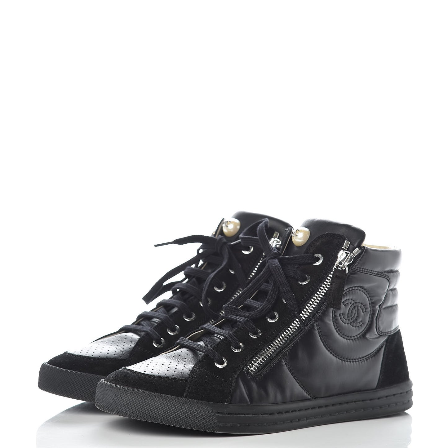 Calfskin Suede Zipped High Top CC Sneakers 38 Black