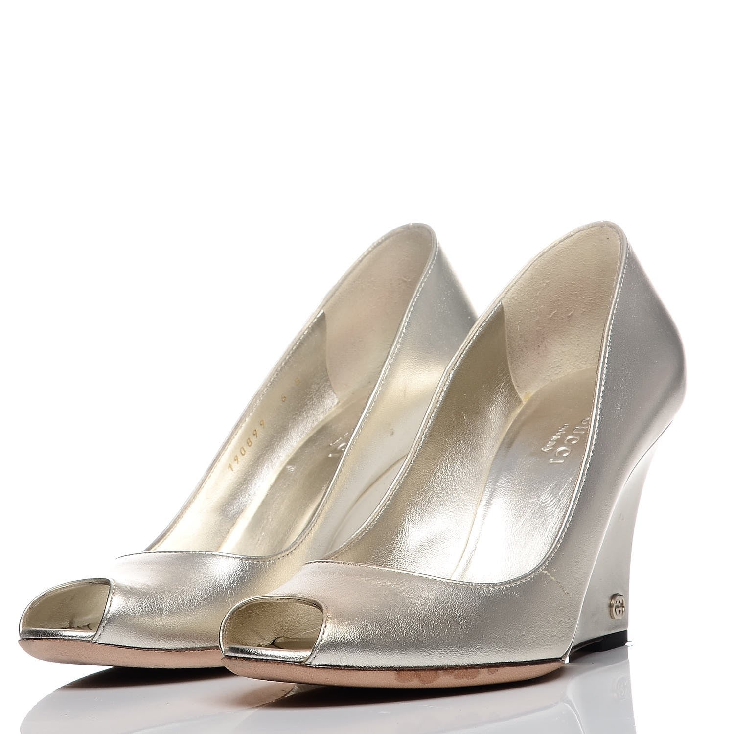 Gucci Metallic Nappa Peep Toe Wedges 6 Athena 3 of 11
