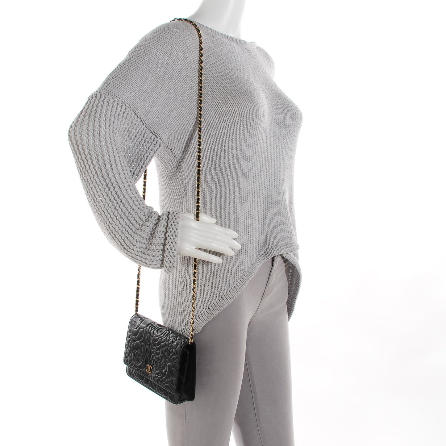Lambskin Camellia Embossed Wallet on Chain WOC Black