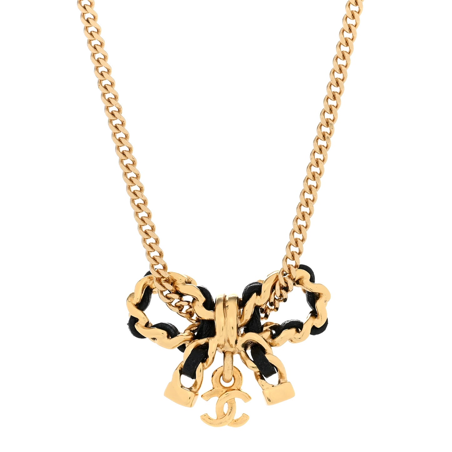 Metal Lambskin Chain CC Bow Necklace Black Gold