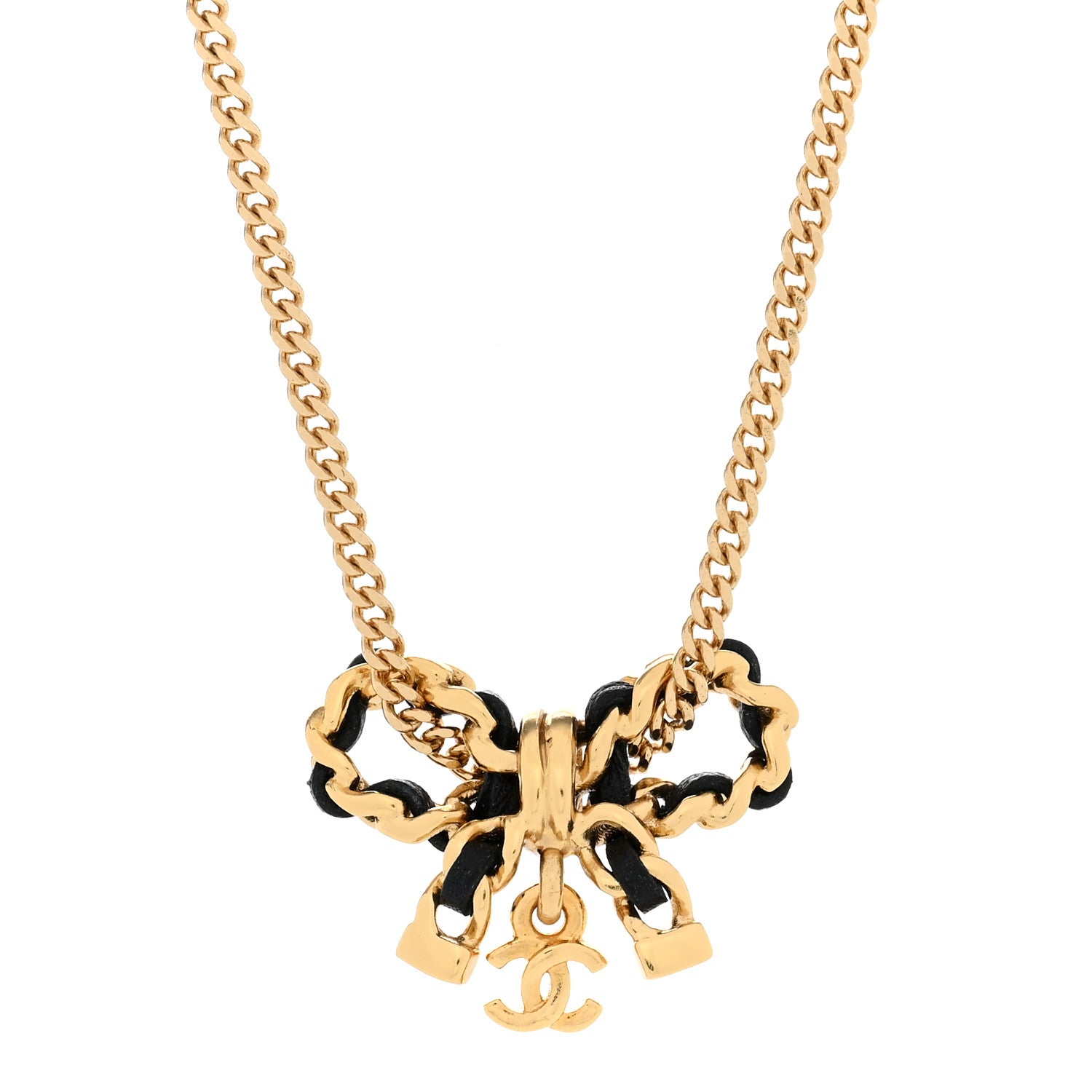 Chanel Metal Lambskin Chain CC Bow Necklace Black Gold 4 of 6