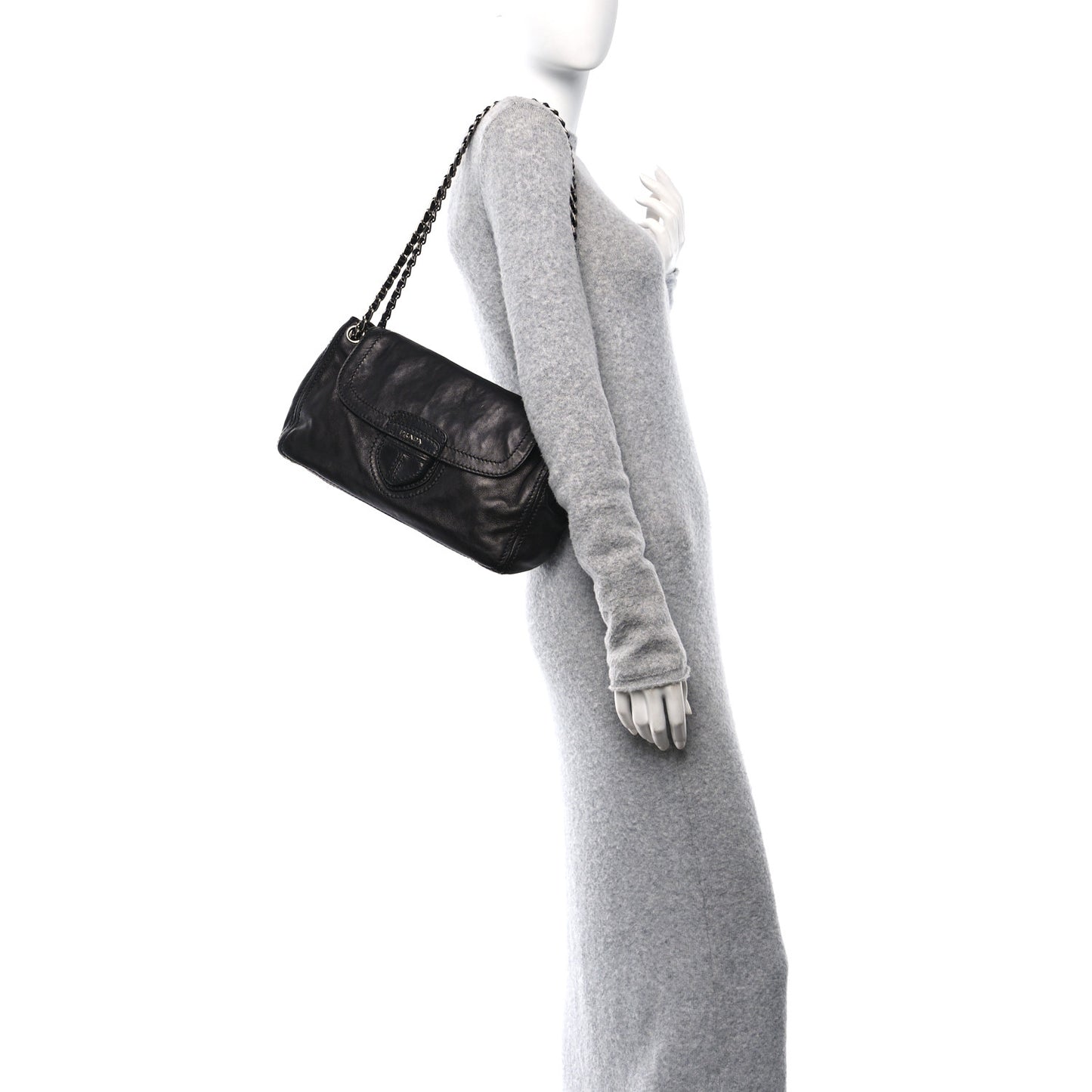 Glace Calf Pushlock Chain Shoulder Bag Black