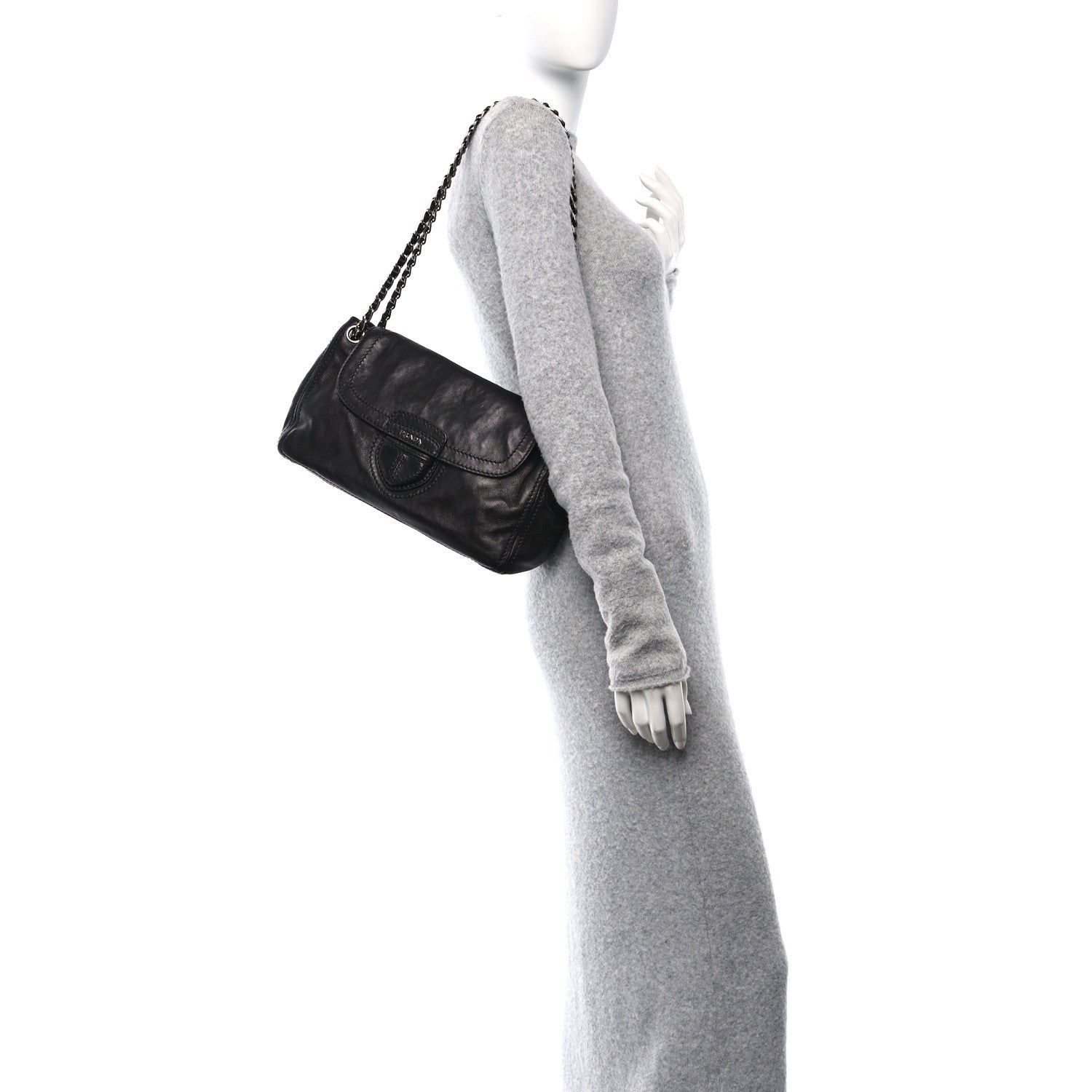 Prada Glace Calf Pushlock Chain Shoulder Bag Black 2 of 12