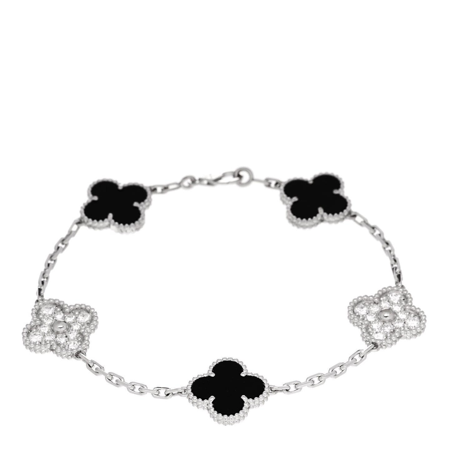 18K White Gold Diamond Black Onyx 5 Motifs Vintage Alhambra Bracelet