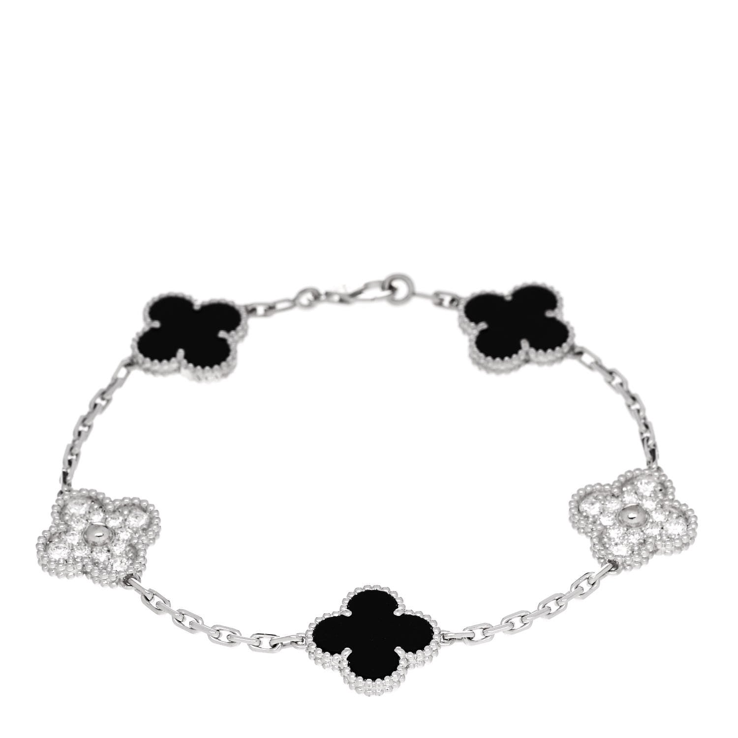 Van Cleef & Arpels 18K White Gold Diamond Black Onyx 5 Motifs Vintage Alhambra Bracelet 1 of 5