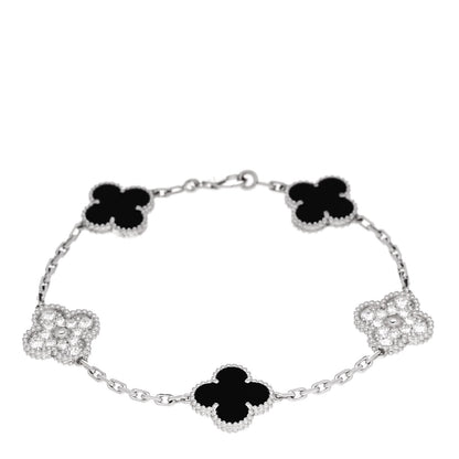 Van Cleef & Arpels 18K White Gold Diamond Black Onyx 5 Motifs Vintage Alhambra Bracelet 1 of 5