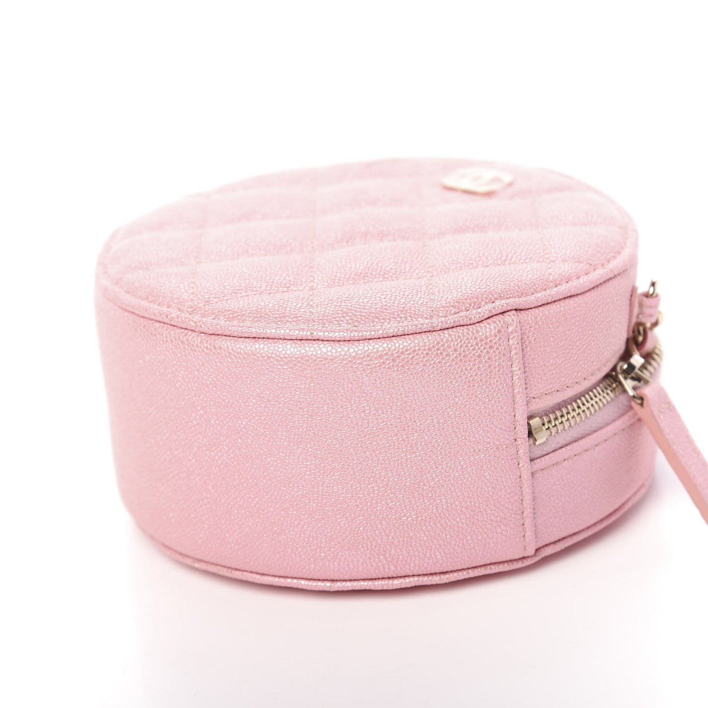 Iridescent Caviar Quilted Round Clutch With Chain Pink