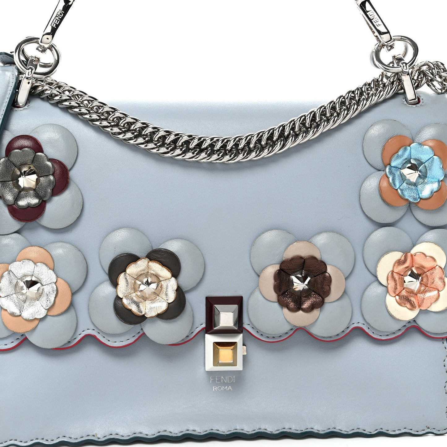 Vitello Liberty Lucido Flowerland Scalloped Studded Kan I Shoulder Bag Azzurro Polvere Multicolor