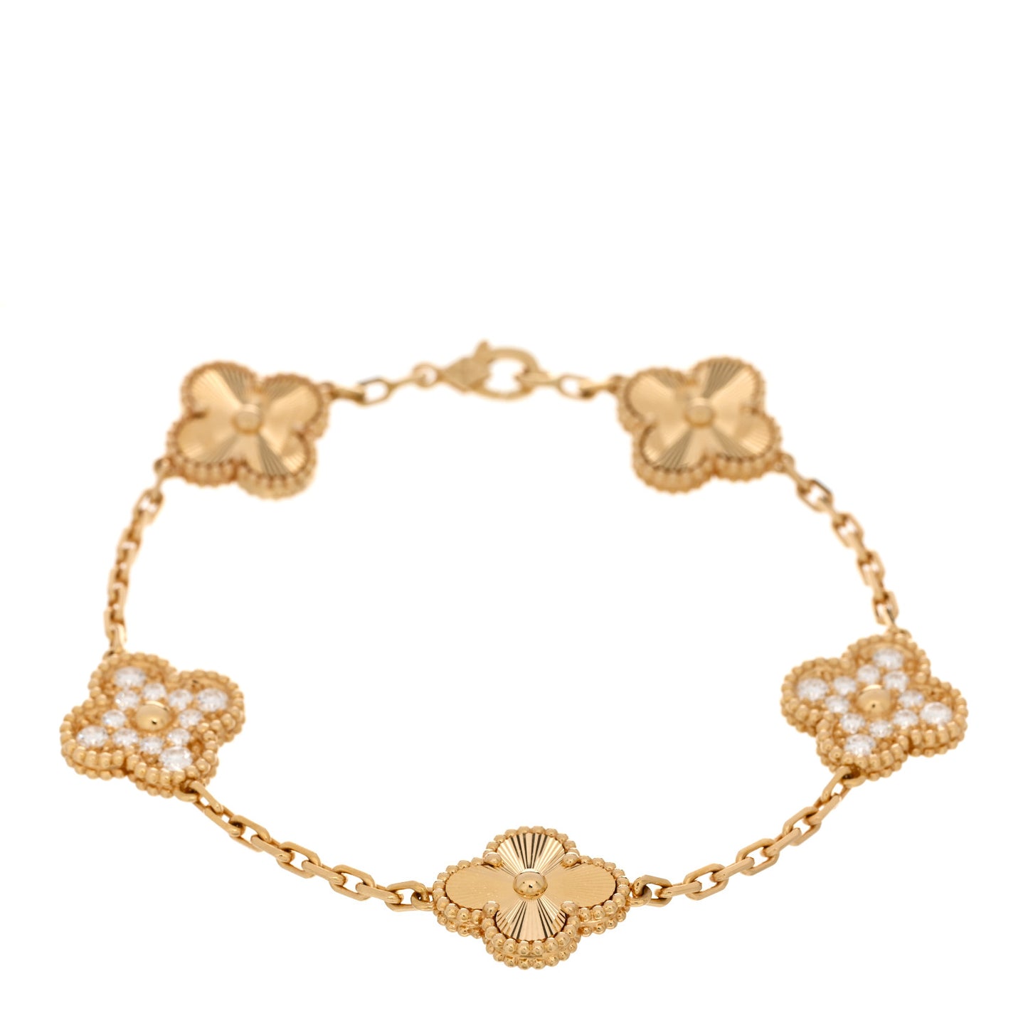 18K Yellow Gold Diamond 5 Motifs Guilloche Vintage Alhambra Bracelet