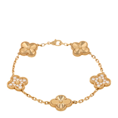 Van Cleef & Arpels 18K Yellow Gold Diamond 5 Motifs Guilloche Vintage Alhambra Bracelet 1 of 4