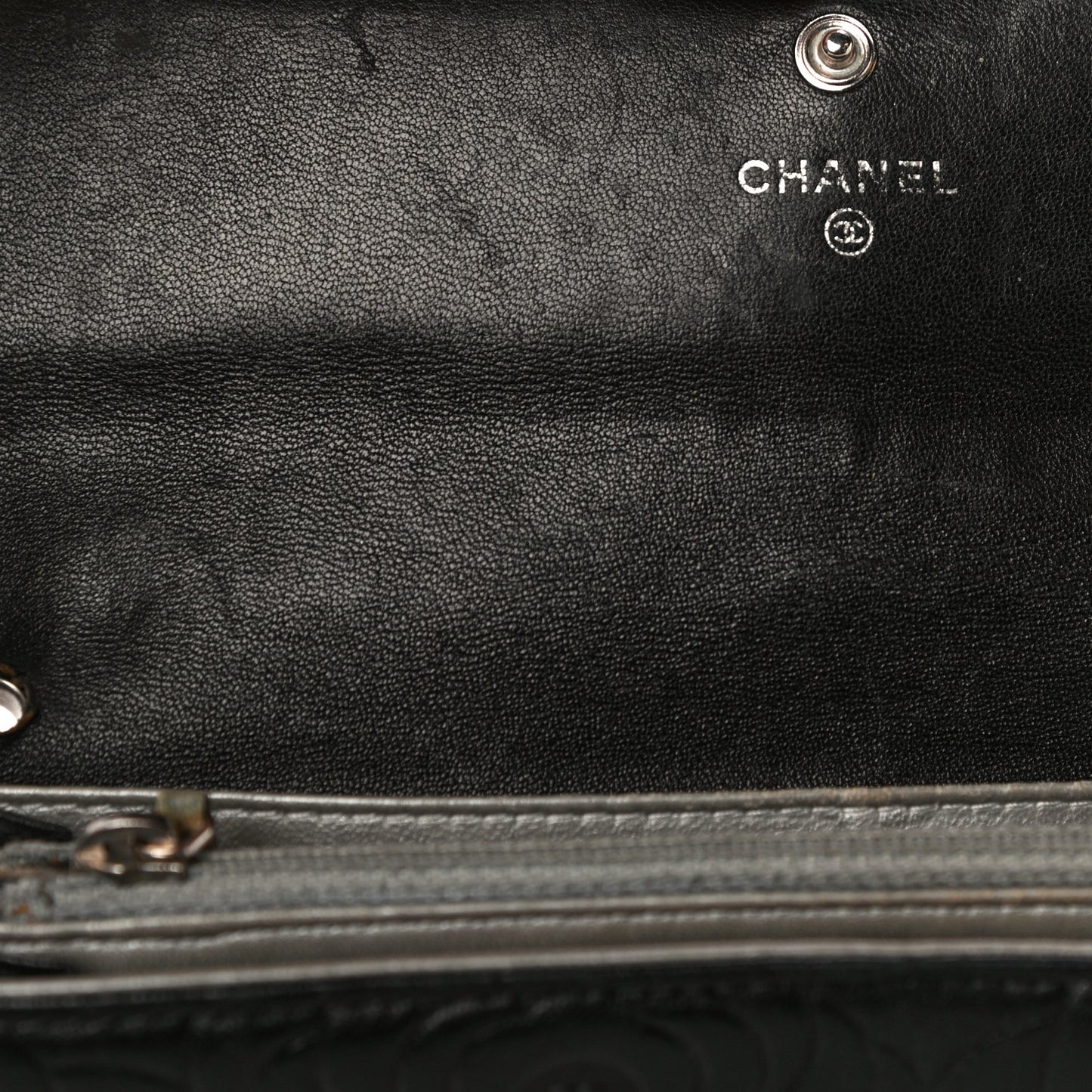 Lambskin Camellia Embossed Wallet on Chain WOC Black